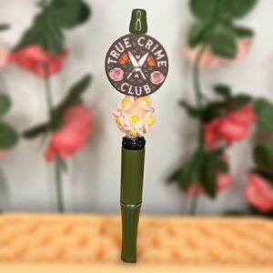 True Crime Club Handmade Beaded Pen with Pink Flowers and Green Base